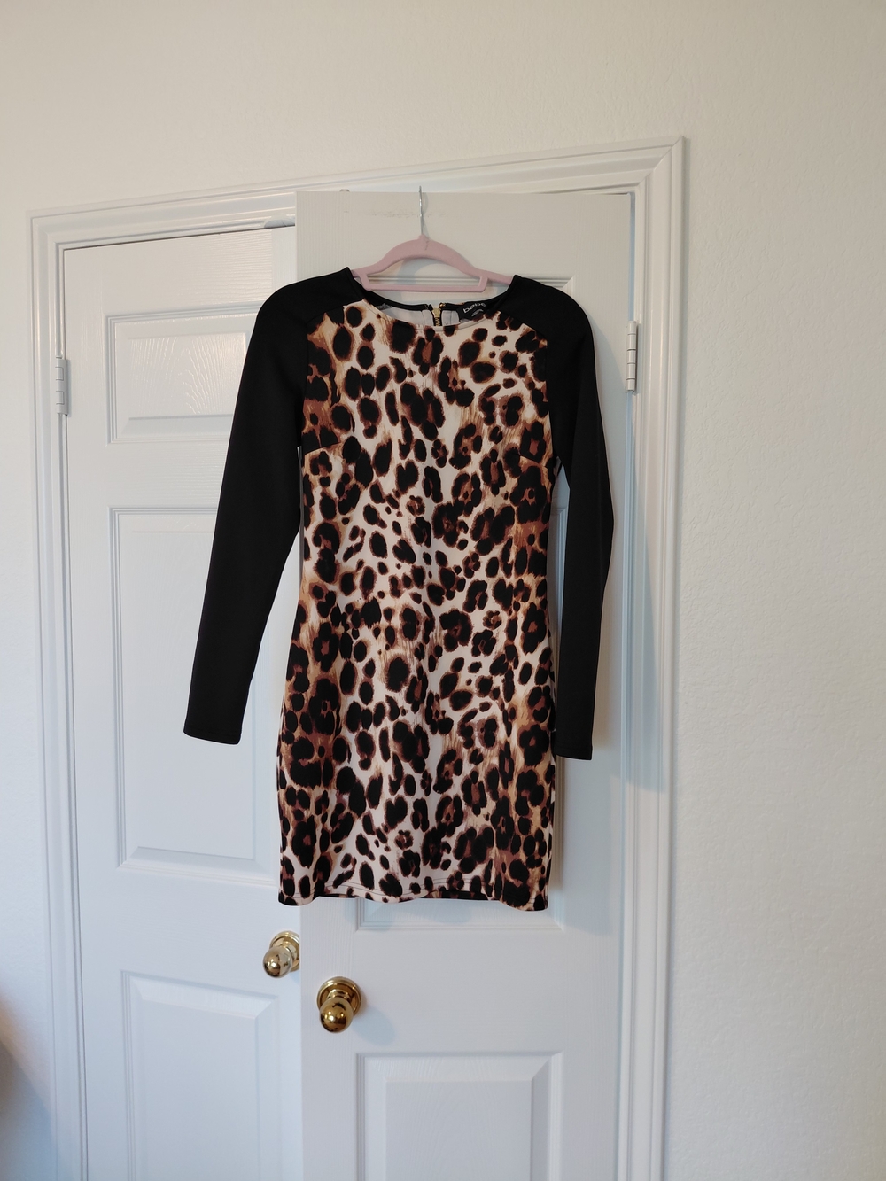 bebe Leopard Print Dress with Black Sleeves